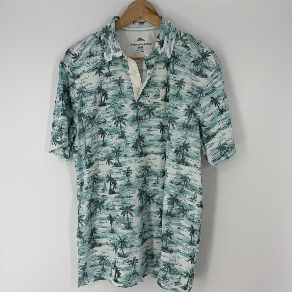 Tommy Bahama Oceanfront Palms Polo Shirt Size Medium Mens Blue Hawaiian Print